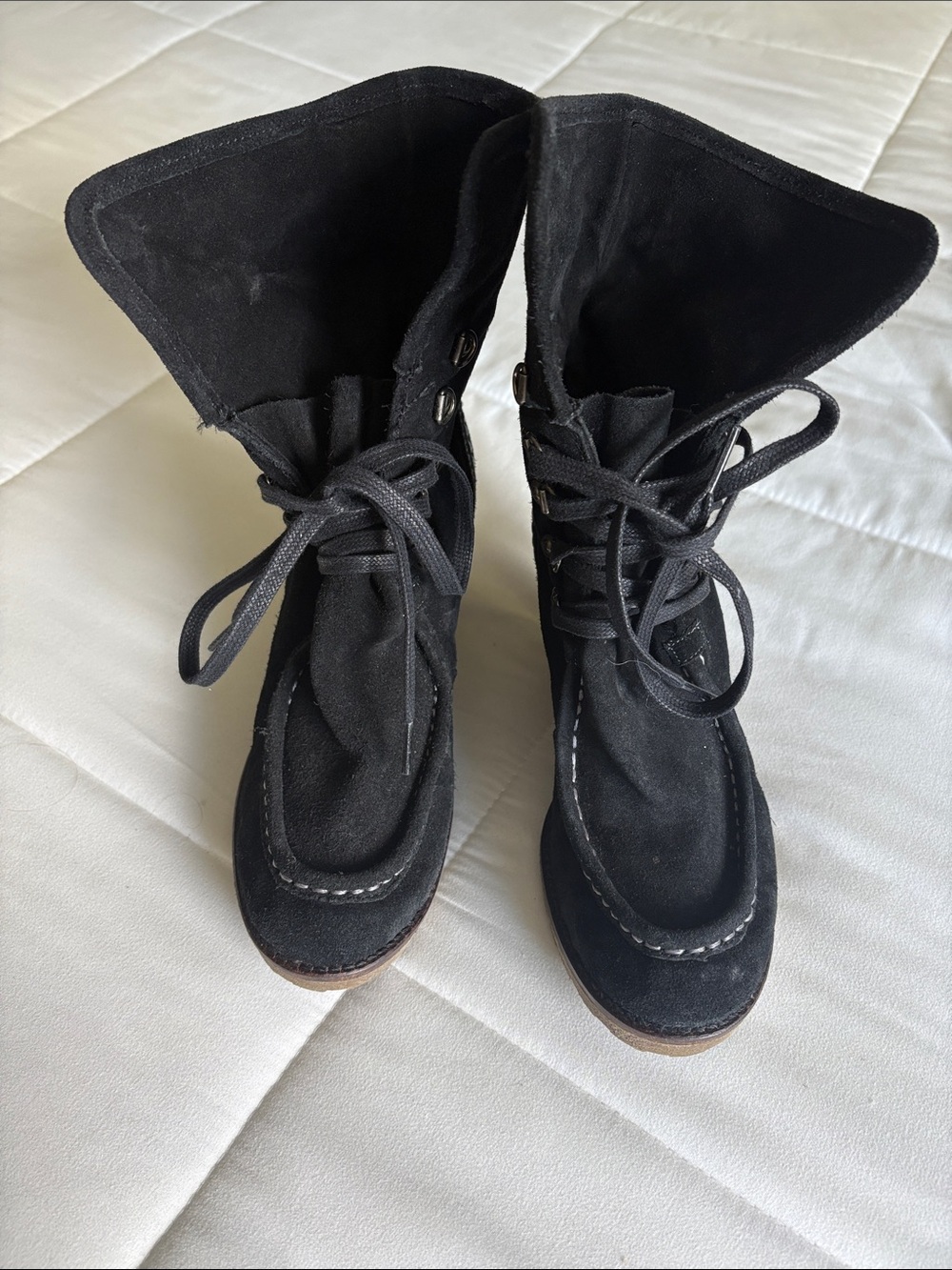 Women's Black Suede Wedge Ankle Boot with Lace-Up Detail  (Made in Spain)